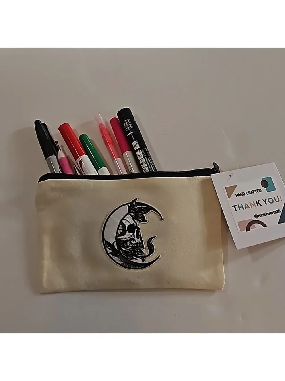 Hand Crafted Multi-use Bag Beige Zipper Pencil Case Skull Motif Iron-on Patch